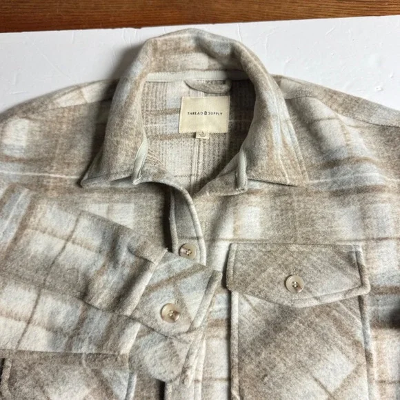 Thread & Supply Womens Plaid Shirt Jacket Shacket Beige Brown Collared Small - Picture 1 of 8